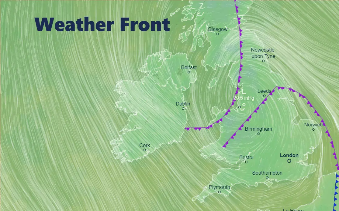 Weather front across Ireland and UK